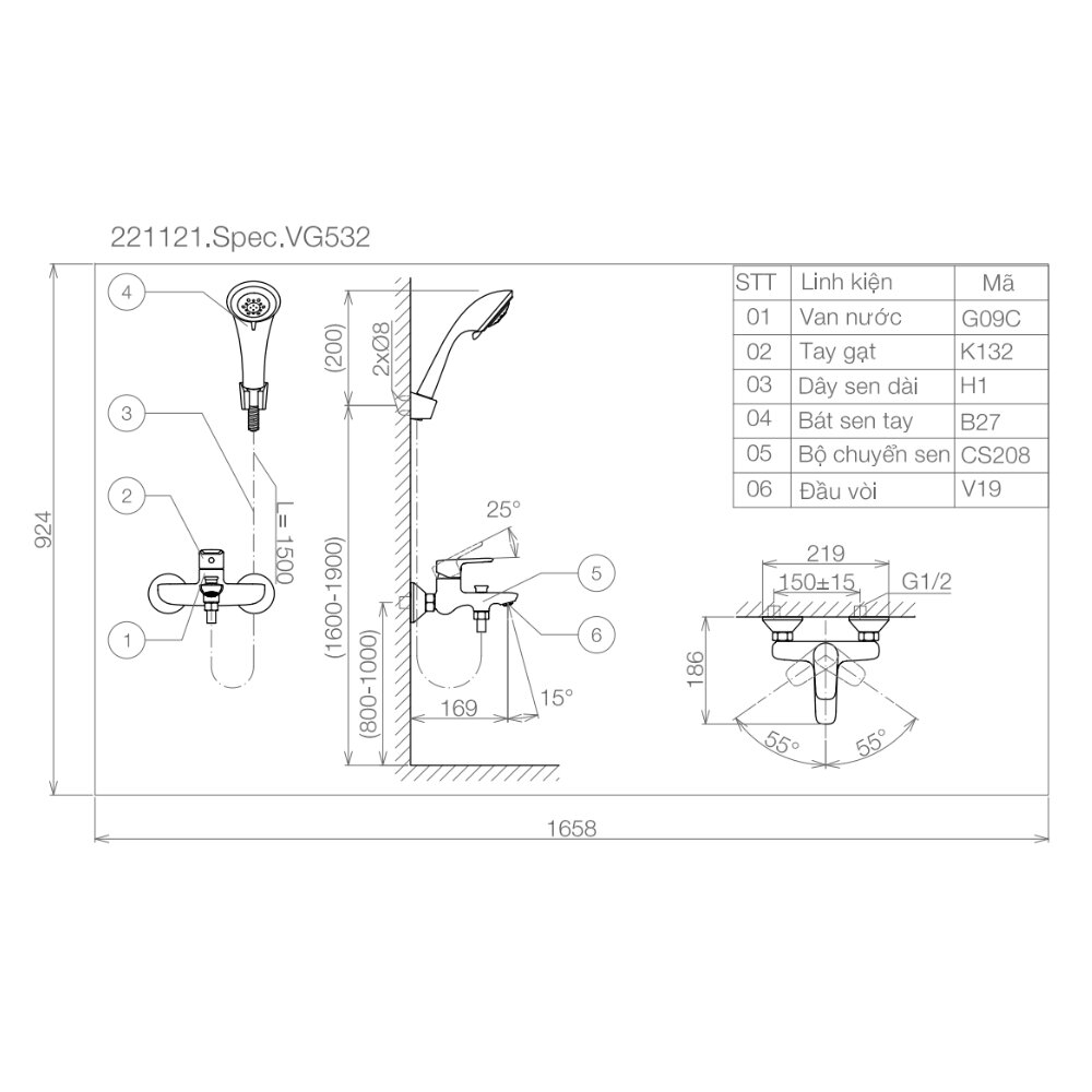 Bản vẽ kỹ thuật sen tắm nóng lạnh Viglacera VG532