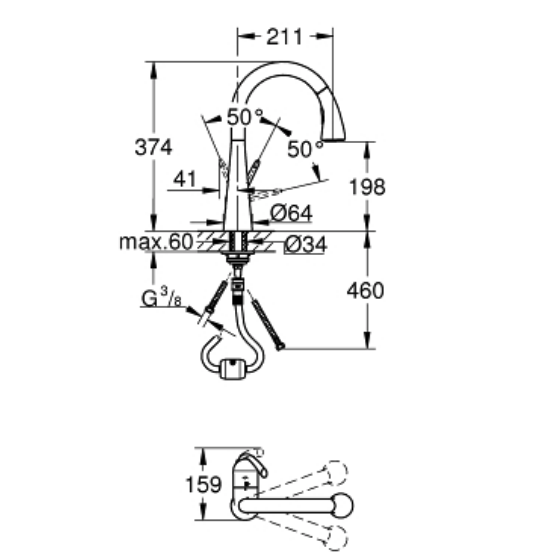 Bản vẽ kỹ thuật vòi bếp nóng lạnh Grohe 32294001