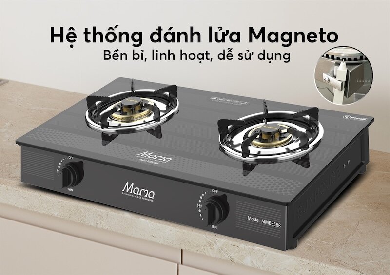 Bếp gas dương kính Sunhouse Mama MMB3568 được trang bị hệ thống đánh lửa Magneto hiện đạ