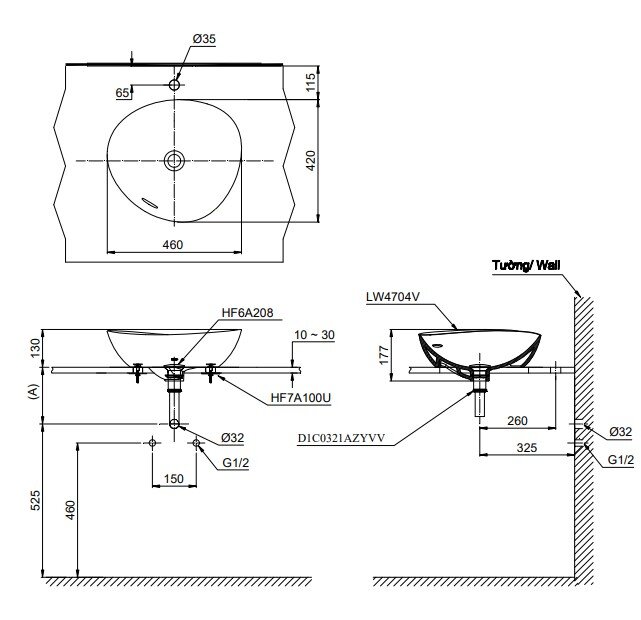 Bản vẽ kỹ thuật chậu rửa lavabo đặt bàn TOTO Linear Ceram LT4704G19