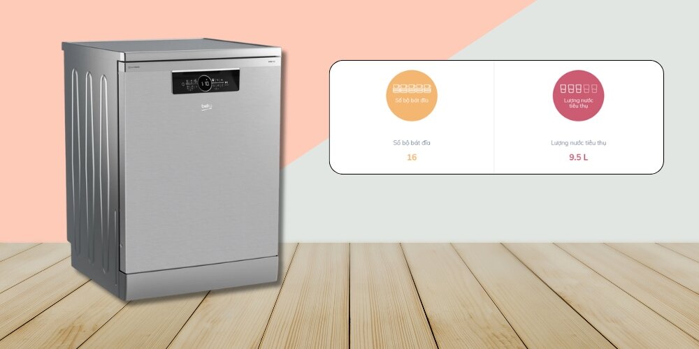Beko BDFN36650XC có dung tích 16 bộ chén đĩa và lượng nước tiêu thụ mỗi chu kỳ 9.5 lít