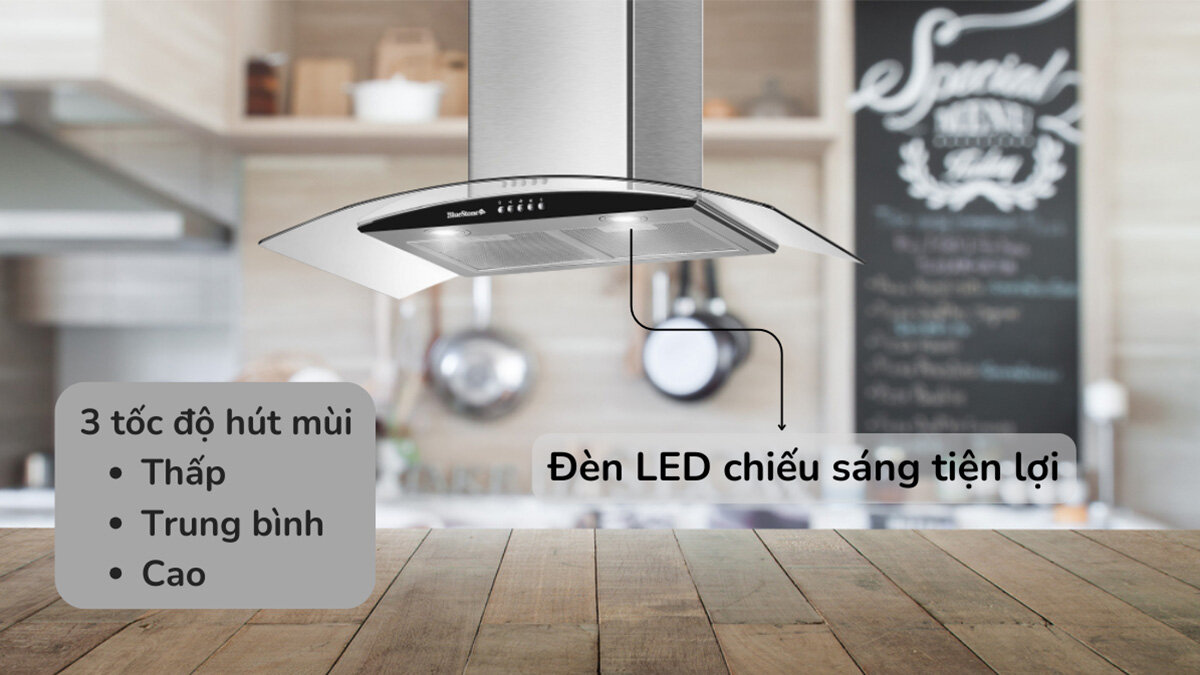 Bluestone HOB-8733 có 3 tốc độ hút mùi khác nhau với đèn LED chiếu sáng