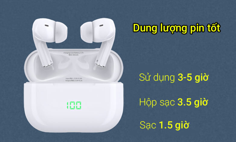Tai nghe True Wireless DareU D2 (Trắng) | Dung lượng pin tốt