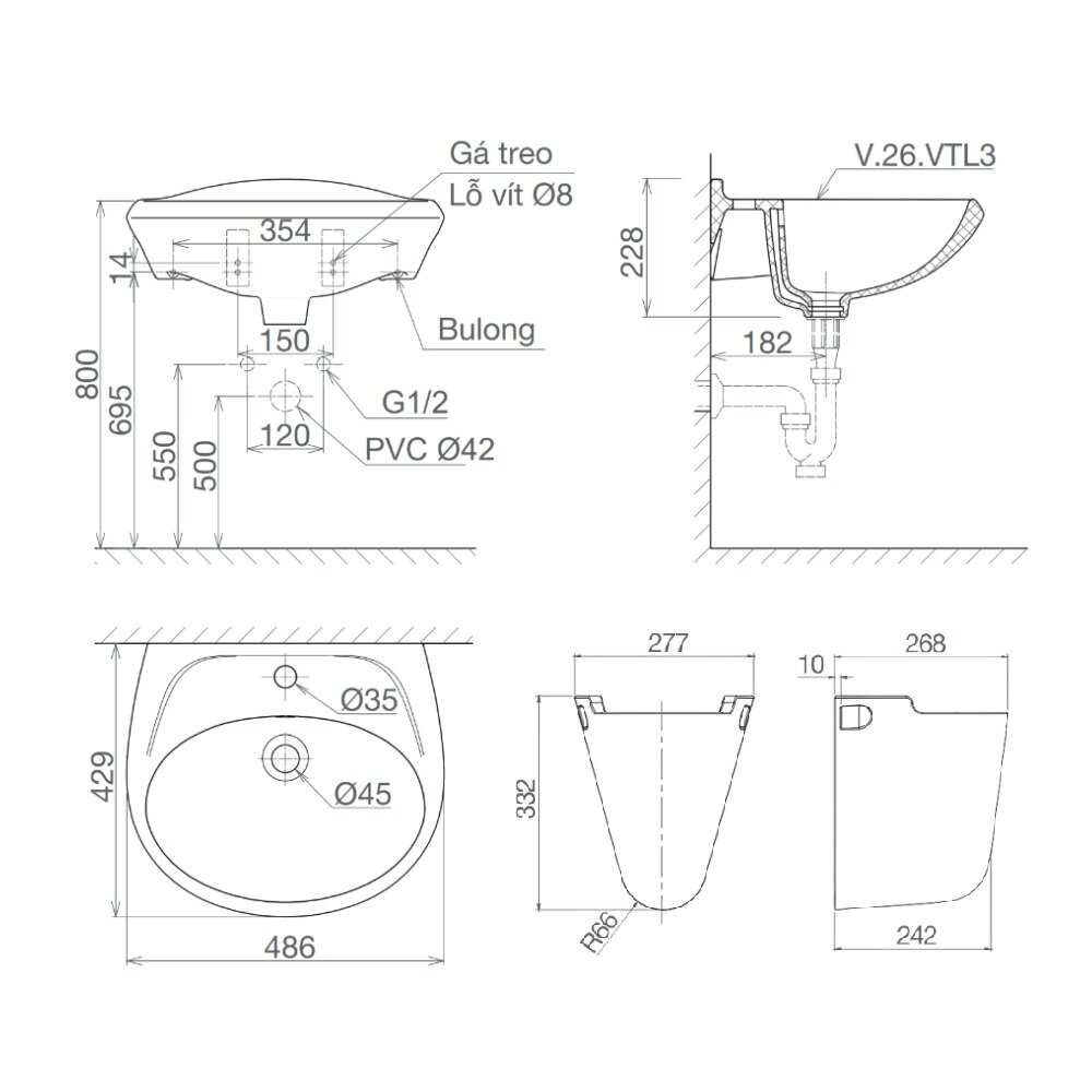 Bản vẽ kỹ thuật chậu lavabo treo tường chân lửng Viglacera VTL3+VI5