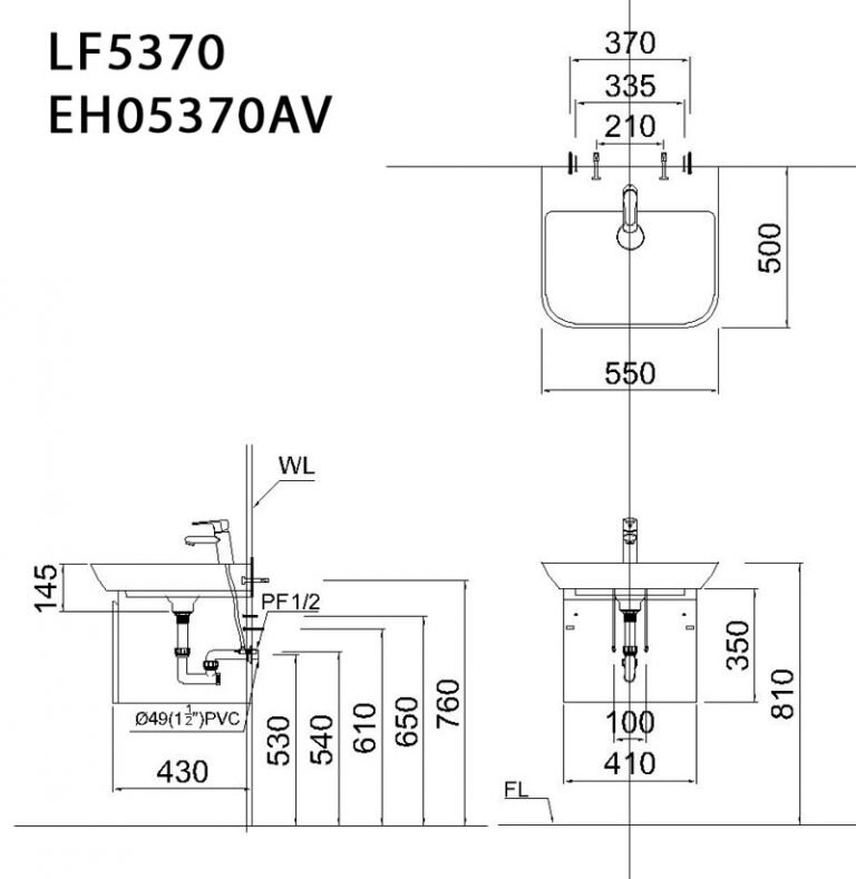 Bản vẽ kỹ thuật Bộ tủ chậu rửa mặt CAESAR LF5370+EH05370AV