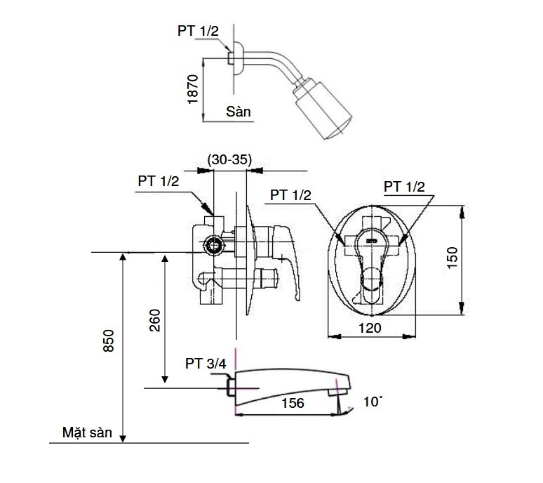 Bản vẽ kỹ thuật sen tắm âm tường ARANDA TOTO TS581A/TS602 #CR