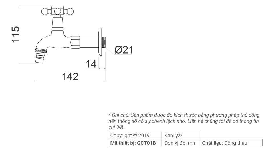 Bản vẽ kỹ thuật vòi hồ gắn tường nước lạnh bằng đồng Kanly GCT01B
