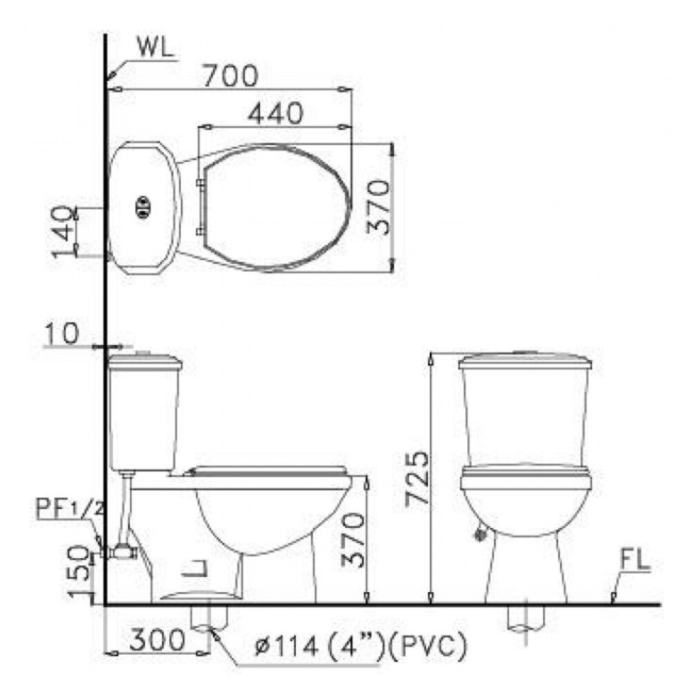 Bản vẽ kỹ thuật của bồn cầu 2 khối nắp điện tử Caesar CD1338+TAF512H