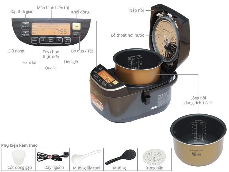 Nồi cơm điện cao tần Panasonic SR-PX184KRA (SR-PX184) - 1400W, 1.8L, màu đen/ nâu