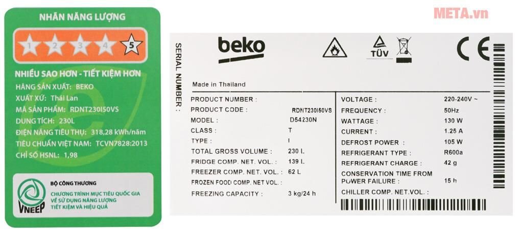 Tủ lạnh Beko Inverter RDNT230I50VS 230 lít