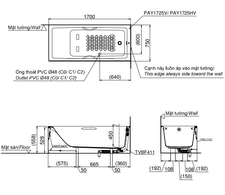 Bản Vẽ Kỹ Thuật Bồn Tắm TOTO PAY1725HVC