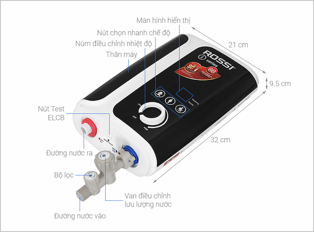 Màn hình hiển thị và núm vặn trên máy nước nóng Rossi RIS-450 RE 
