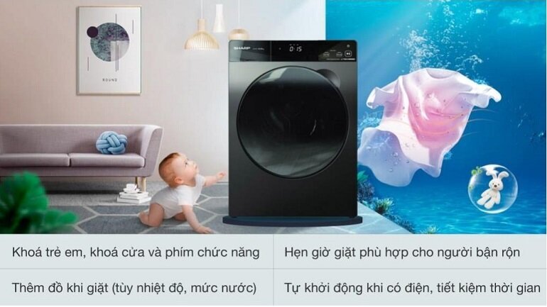 Máy giặt Sharp lồng ngang 8.5 kg ES-FK852SV-WOOD