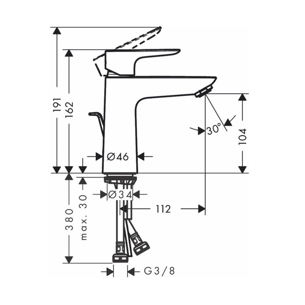 Bản vẽ kỹ thuật của vòi chậu lavabo nóng lạnh Talis E 110 Hansgrohe 71710000