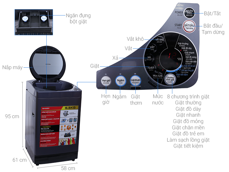 Máy giặt Sharp 9.5 kg ES-U95HV-S Máy giặt Sharp 9.5 kg ES-U95HV-S