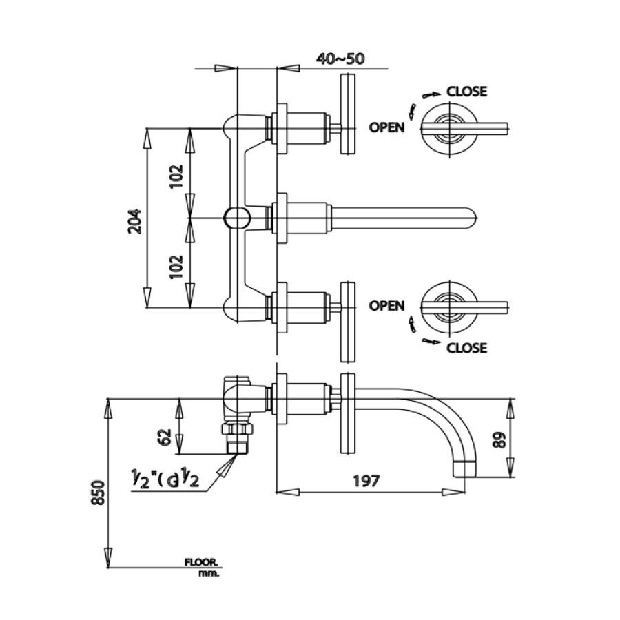 Bản vẽ kỹ thuật vòi chậu lavabo COTTO CT237C20 nóng lạnh gắn tường Cross