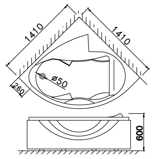Bản Vẽ Kỹ Thuật Bồn Tắm Góc Không Chân Không Yếm AT5140A