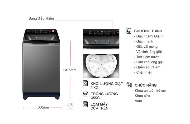 Máy giặt Aqua 9 kg AQW-FR90GT.S