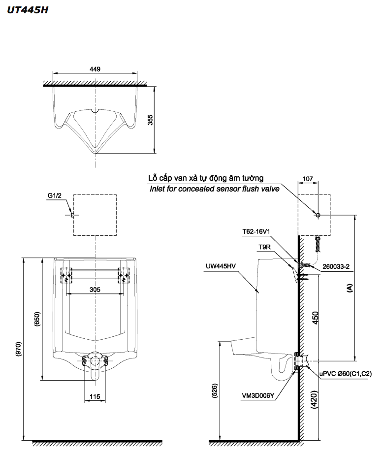 Bản vẽ kỹ thuật của bồn tiểu nam TOTO UT445H