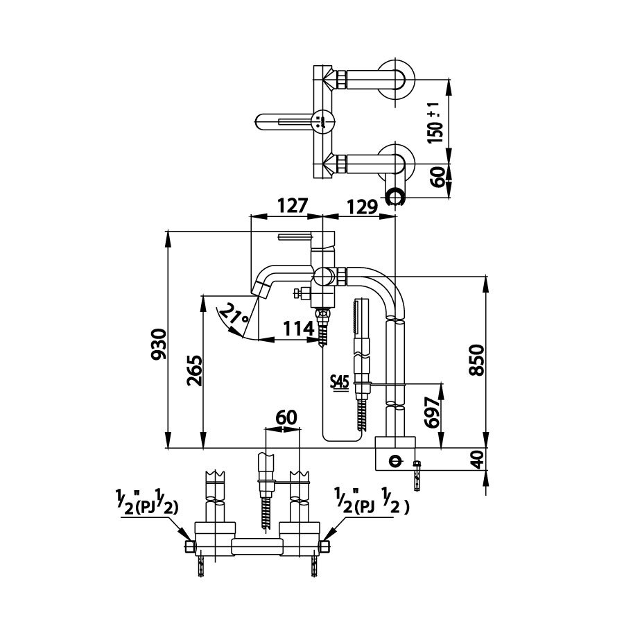 Bản vẽ kỹ thuật vòi xả bồn nóng lạnh COTTO gắn sàn CT338AXS45