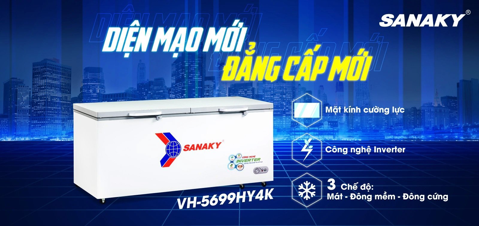 Thiết kế sang trọng với mặt kính cường lực bền bỉ Tủ đông Sanaky Inverter 410 lít VH-5699HY4K