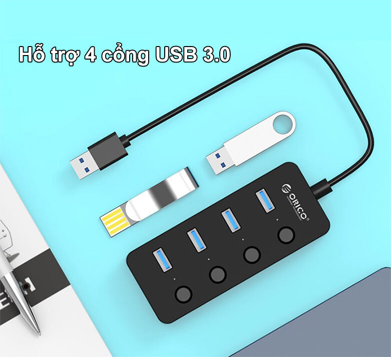 Hub USB 4 ports 3.0 Orico W9PH4 | Hỗ trợ 4 cổng USB 3.0