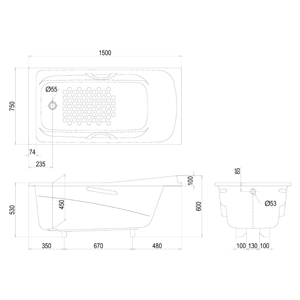 Bản vẽ kỹ thuật bồn tắm xây 1m5 có tay vịn và ống thải TOTO PPY1560HPE#P TVBF412 DB505R-2B
