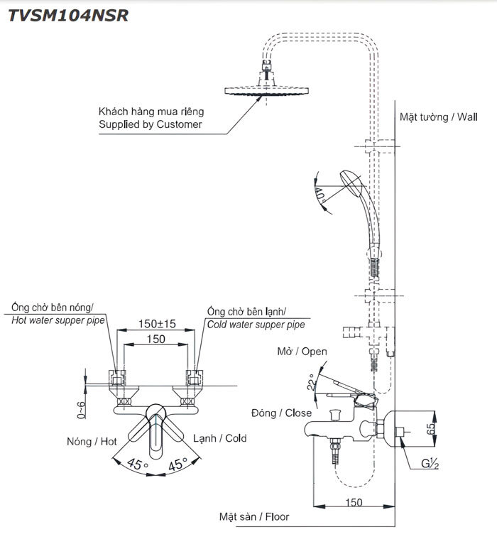 Bản vẽ kỹ thuật bộ vòi sen tắm đứng ổn nhiệt TOTO TVSM104NSR DM907CS
