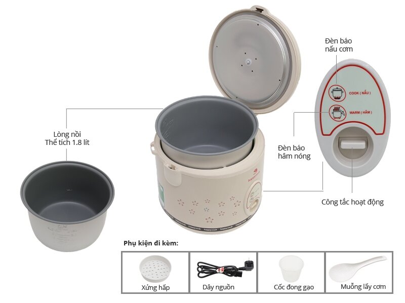 Nồi cơm điện Happycook 1.8 lít HC-180 Nâu nhạt Nồi cơm điện Happycook 1.8 lít HC-180 Nâu nhạt