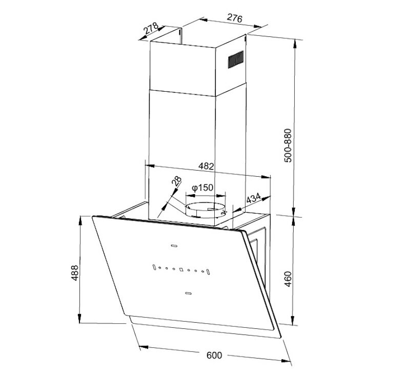 kích thước lắp đặt máy hút mùi Malloca MC-60GTC