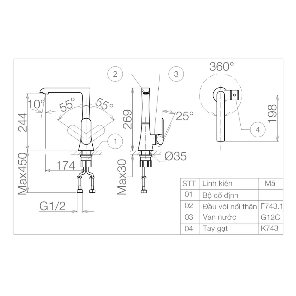 Bản vẽ kỹ thuật vòi rửa chén nóng lạnh Viglacera VG743