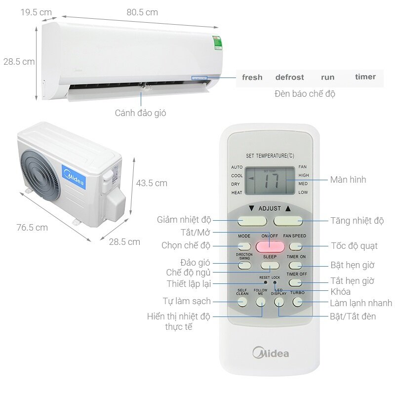 Điều Hòa Midea 9000 BTU 1 chiều MSAFC-10CRN8 kích thước