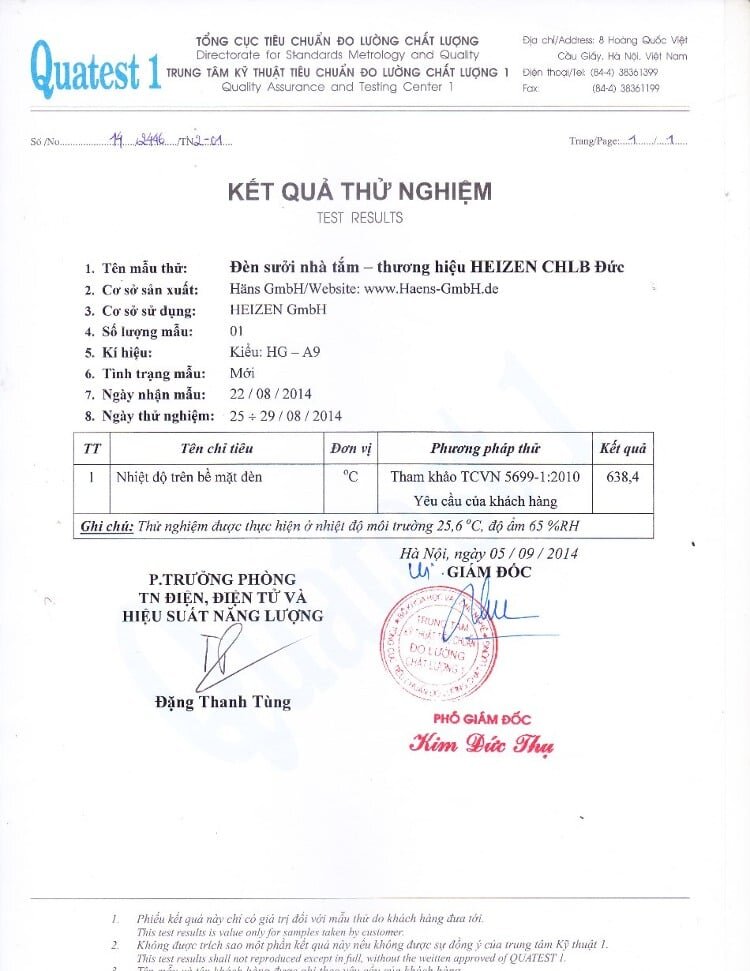 Đèn sưởi nhà tắm Heizen HEIT-5 được tổng cục đo lường chất lượng kiểm định nên rất an toàn.