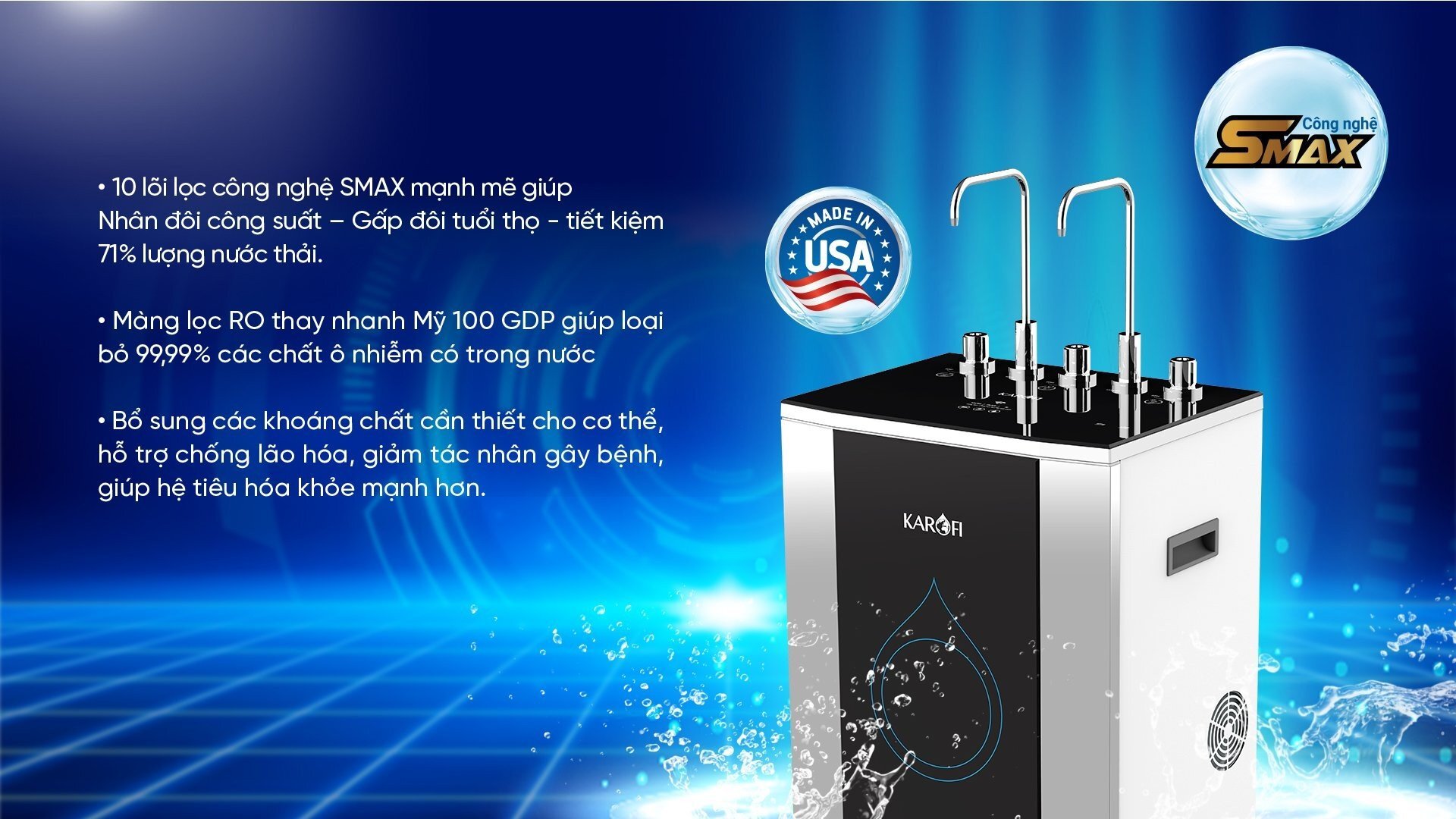 Máy lọc nước nóng lạnh Karofi KAD-D50 ứng dụng công nghệ RO Smax Máy lọc nước nóng lạnh Karofi KAD-D50 ứng dụng công nghệ RO Smax