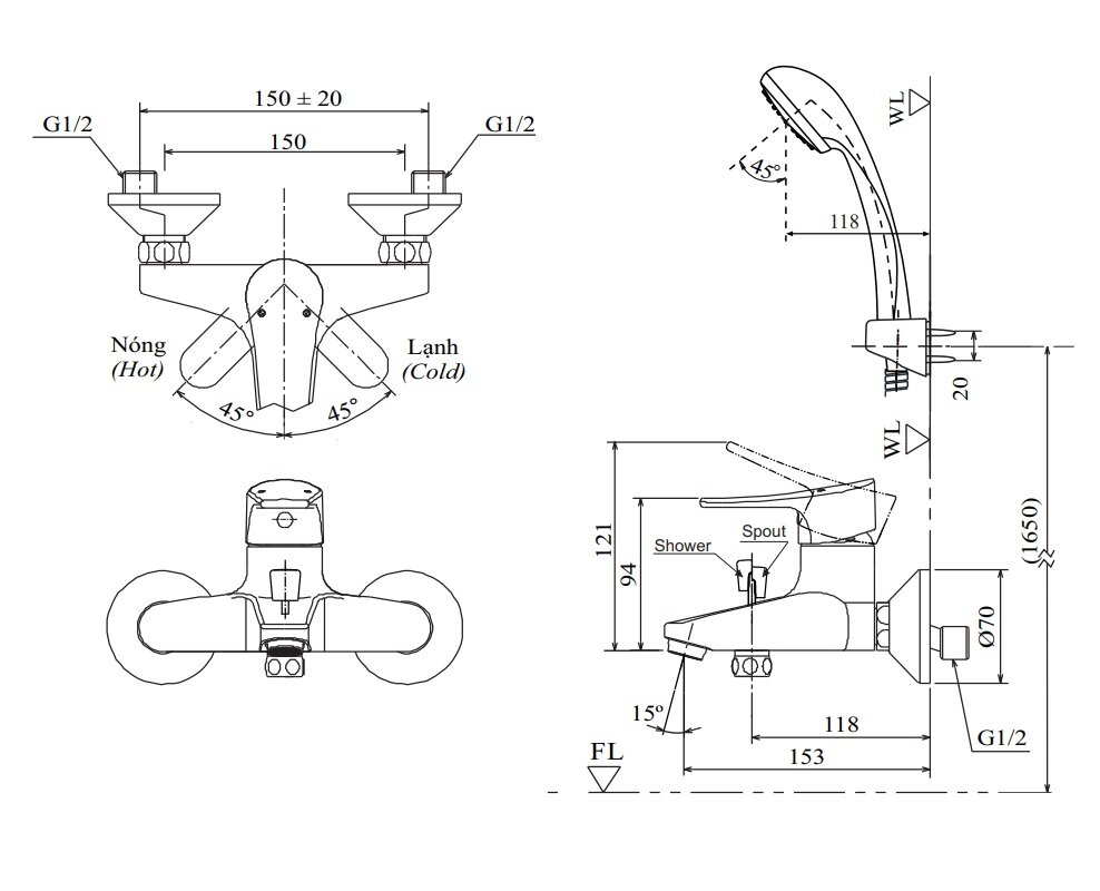 Bản vẽ kỹ thuật vòi hoa sen INAX nóng lạnh BFV-1003S-2C