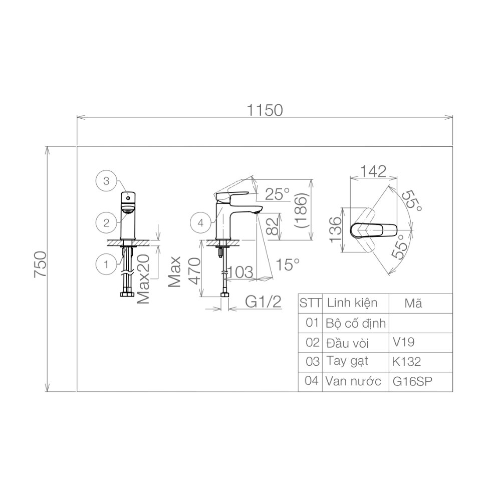 Bản vẽ kỹ thuật vòi chậu lavabo nóng lạnh Viglacera VG132