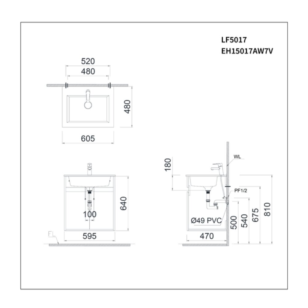 Bản vẽ kỹ thuật bộ tủ chậu cabinet treo màu trắng CAESAR LF5017-EH15017AW7V