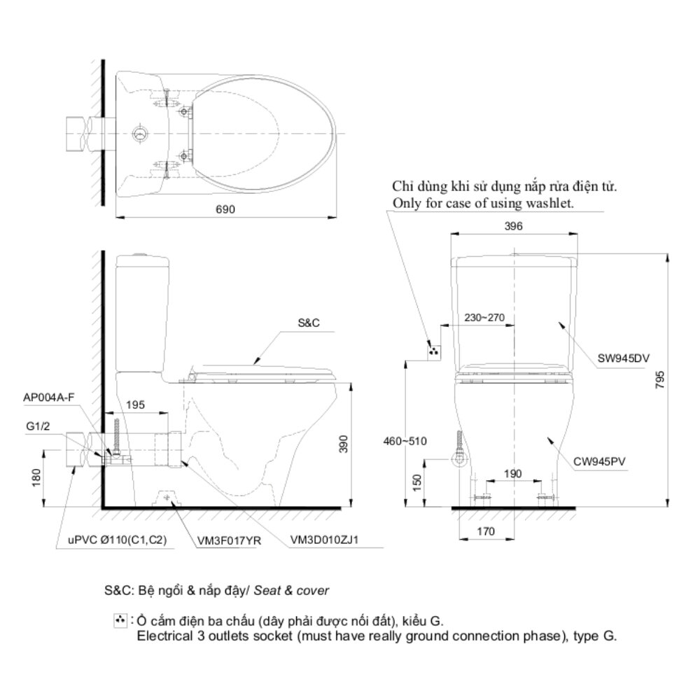 Bản vẽ kỹ thuật của bồn cầu 2 khối TOTO CS945PDT8 nắp êm TC600VS thoát ngang