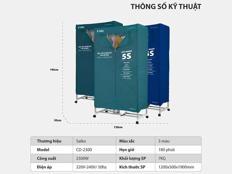 Thông số kỹ thuật tủ sấy quần áo Saiko CD-2300