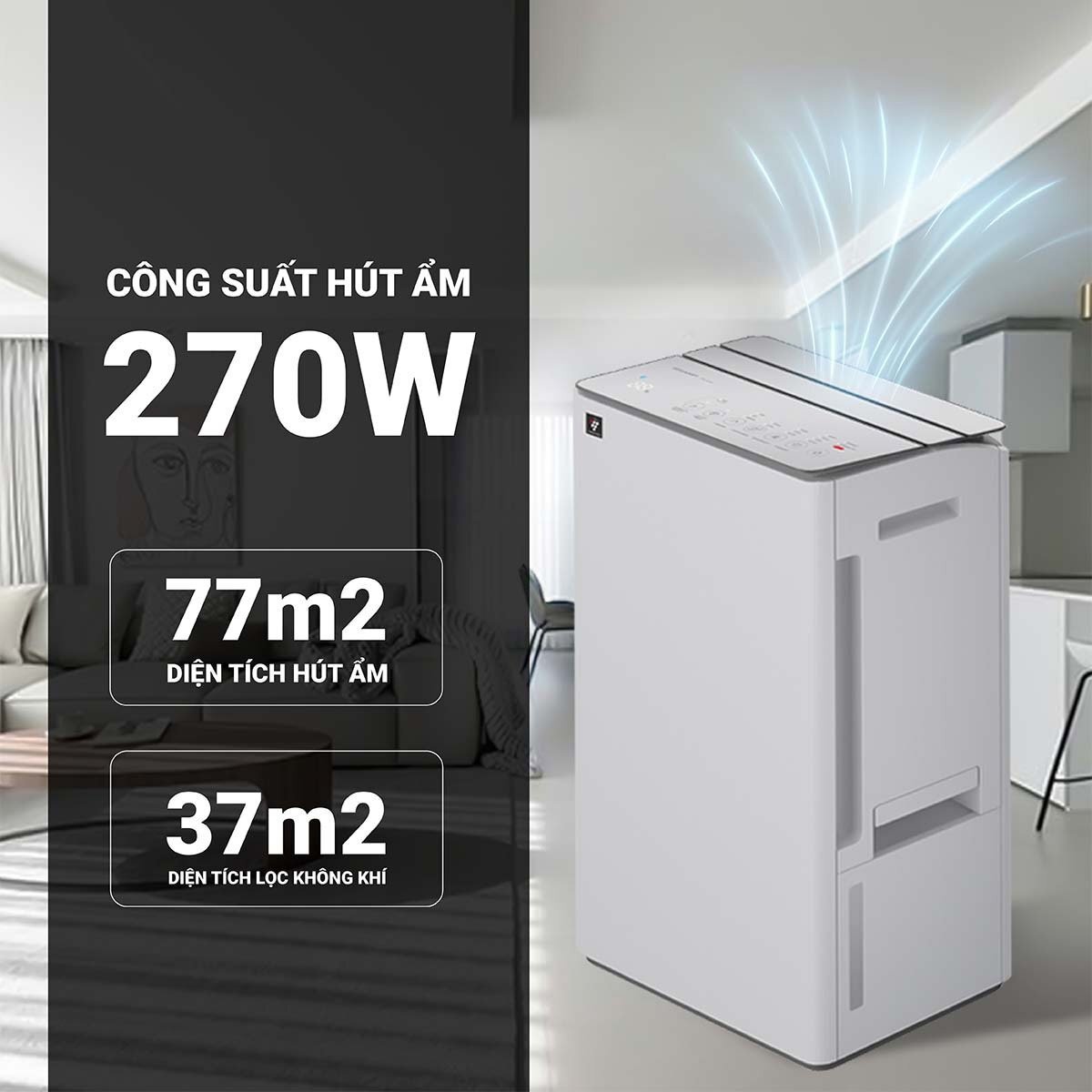 Công suất hút ẩm mạnh mẽ – lên đến 30L/ngày Máy hút ẩm kết hợp lọc khí Sharp DW-T30FV-W