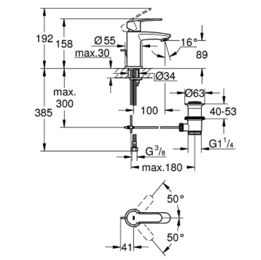 Bản vẽ kỹ thuật vòi chậu nóng lạnh 23037002 Grohe