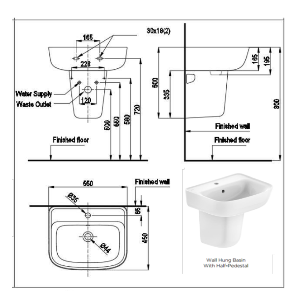 Bản vẽ kỹ thuật chậu rửa lavabo treo tường LOVEN American Standard VF-0262
