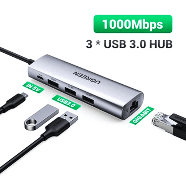 Bộ chia USB Ugreen 60719 1 ra 3 cổng USB 3.0 và 1 Lan Giga