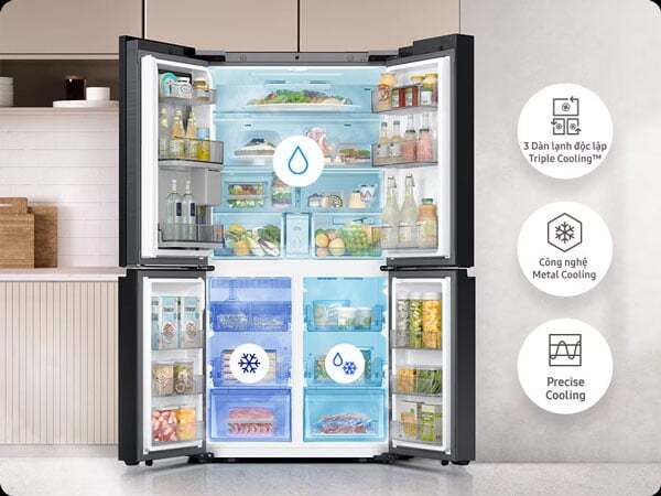 tủ lạnh 4 cánh Samsung Bespoke RF65DB990012SV có hệ thống 3 dàn lạnh độc lập tủ lạnh 4 cánh Samsung Bespoke RF65DB990012SV có hệ thống 3 dàn lạnh độc lập