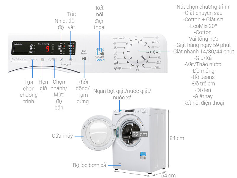 Máy giặt Candy 8 kg HCS 1282D3Q/1-S Máy giặt Candy 8 kg HCS 1282D3Q/1-S