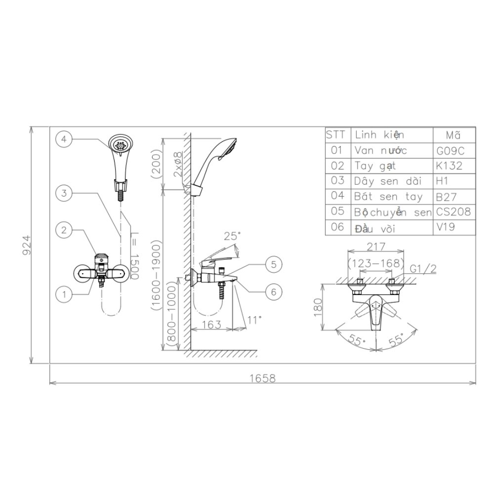 Bản vẽ kỹ thuật sen tắm nóng lạnh Viglacera VG568