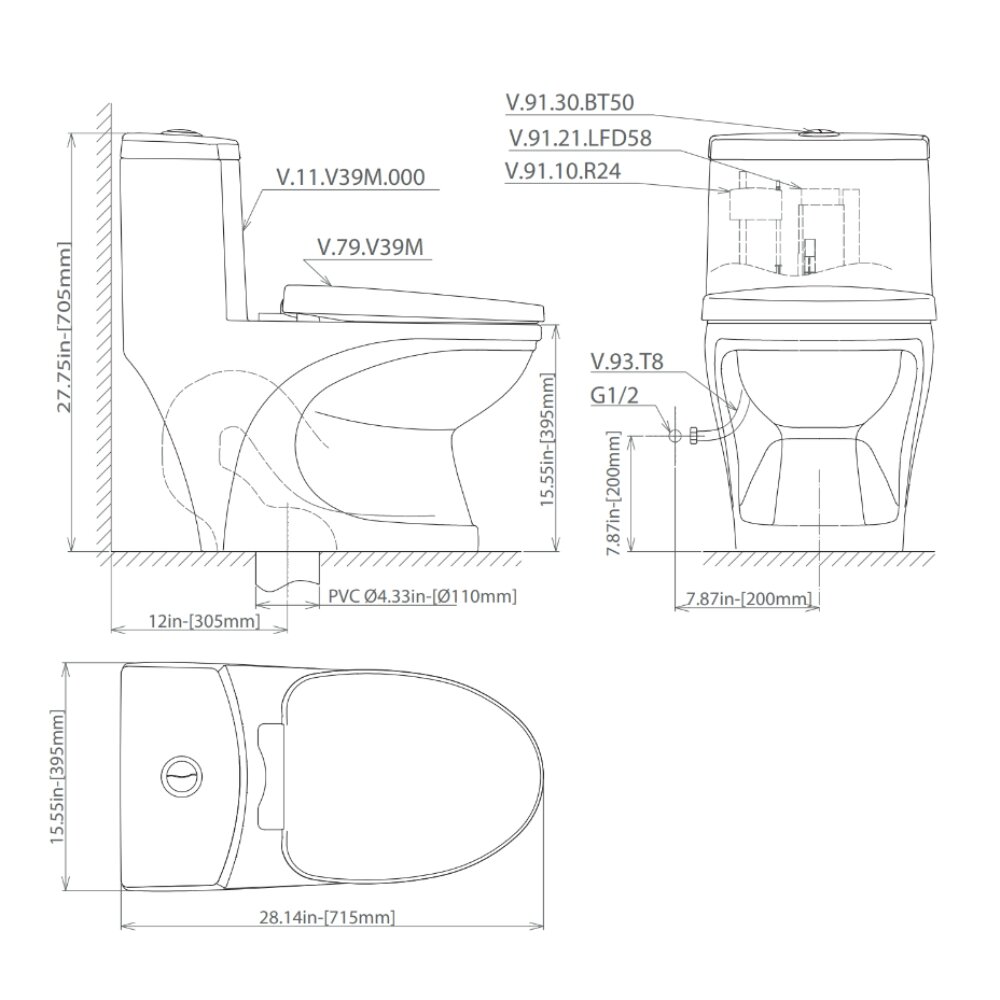 Bản vẽ kỹ thuật bồn cầu 1 khối Viglacera V39 nắp êm xả thẳng (+ vòi xịt VG826)