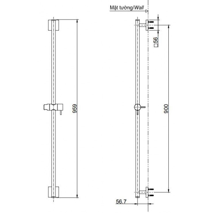 Bản vẽ kỹ thuật thanh trượt sen tắm âm tường nóng lạnh TOTO TBW02011B: