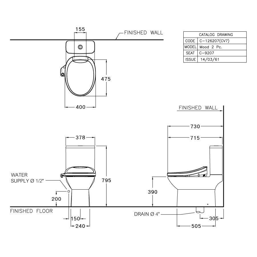Bản vẽ kỹ thuật bồn cầu 2 khối COTTO nắp điện tử C126207(CV7)
