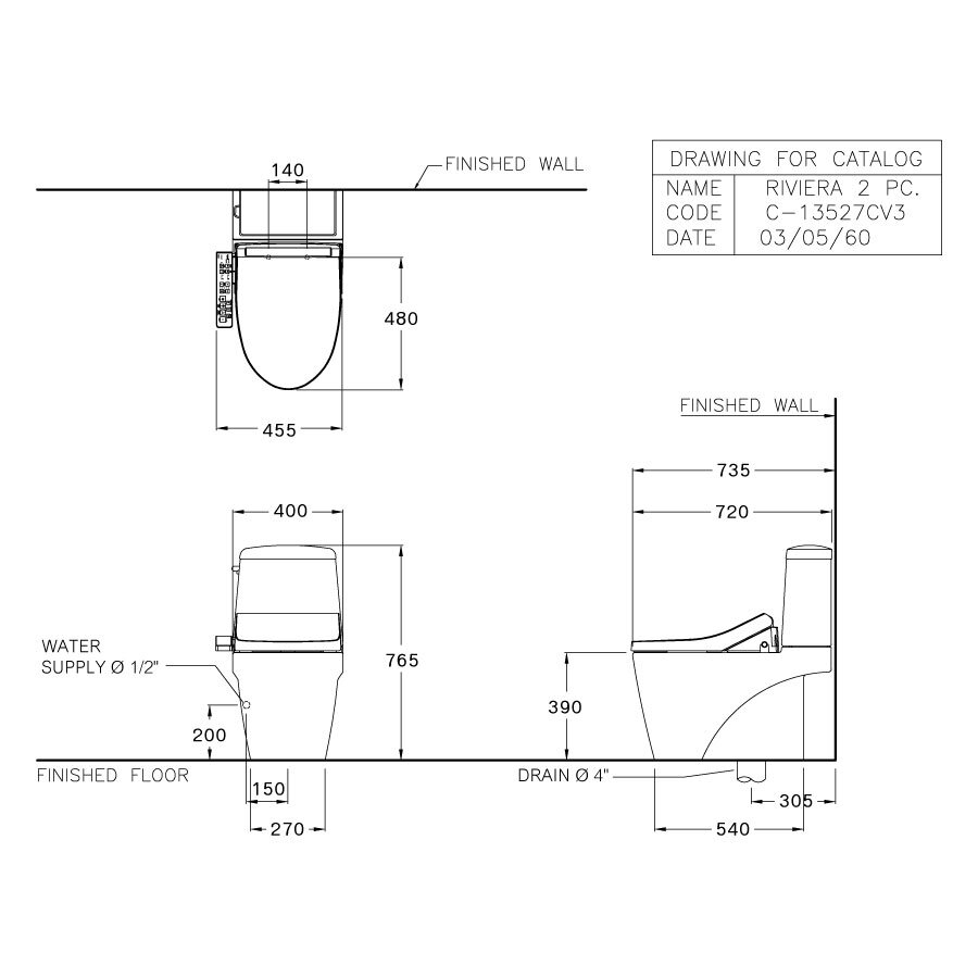 Bản vẽ kỹ thuật bồn cầu 2 khối COTTO nắp điện tử C13527(CV3)